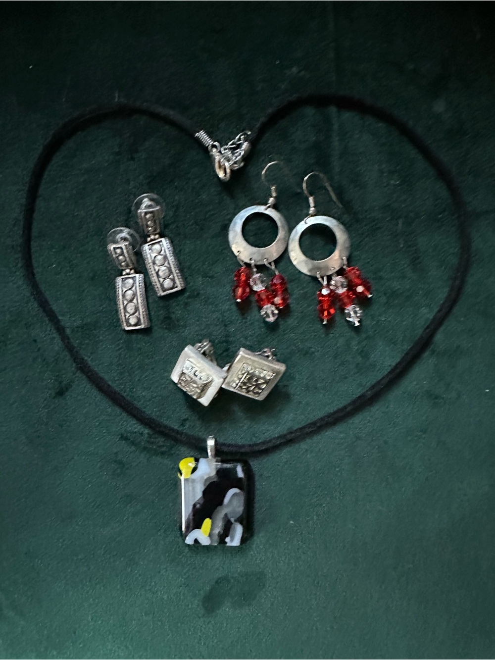 Silver-Tone Earrings lot (3 pairs) with glass pendant necklace!